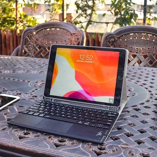 Affordable folio iPad keyboard stand with compatible trackpad