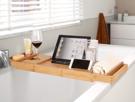 Bamboo bathtub table with iPad stand