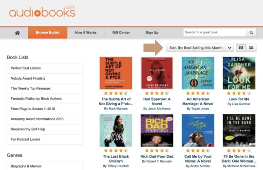 Finding bestselling titles on Audiobooks