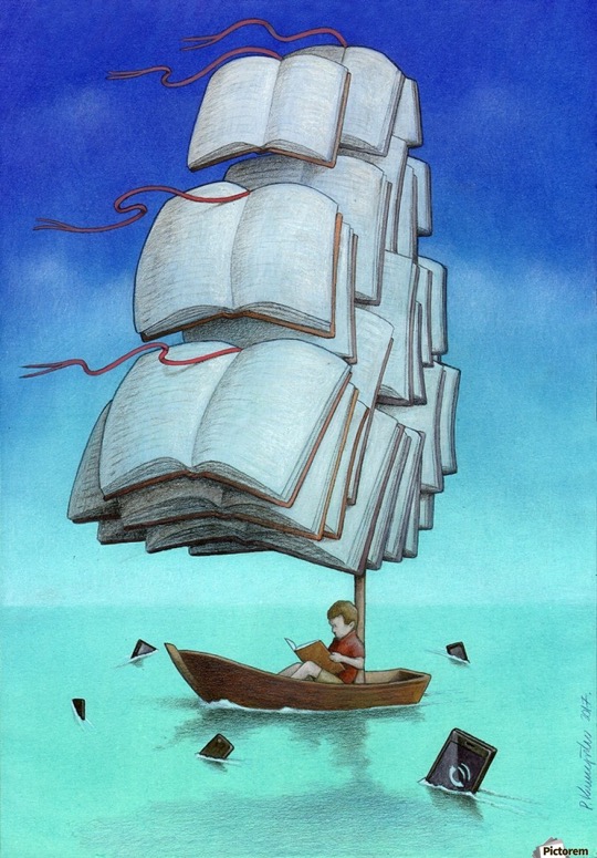 Illustrations about books - Pawel Kuczynski - Sailing with sharks