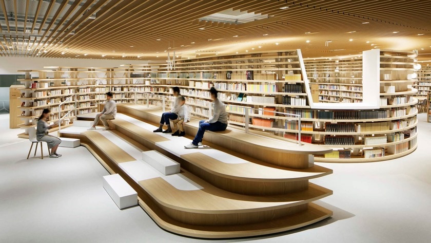 River-inspired meeting place in Kikuchi City Central Library