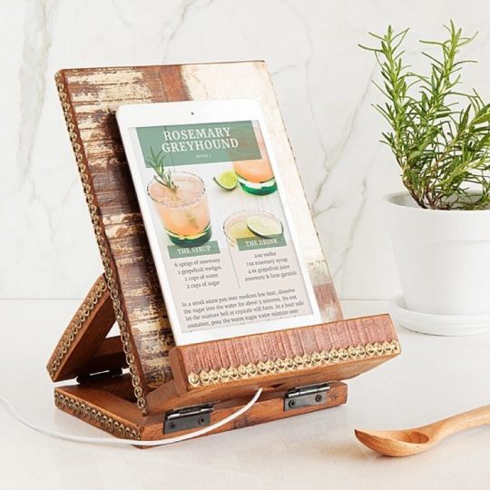Rustic Old Library iPad stand for reading cookbooks