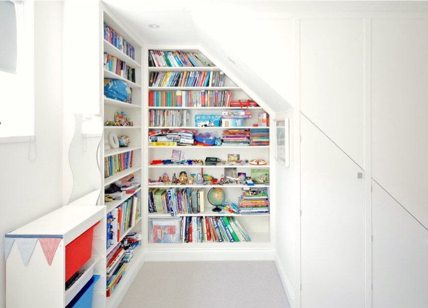 Scandinavian style library corner in childrens room