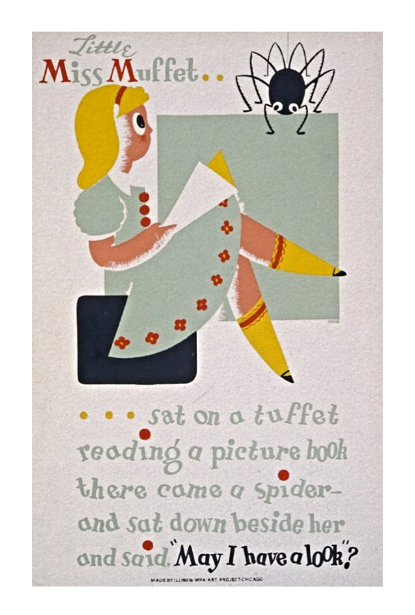 Vintage book posters: Miss Muffet reading a book