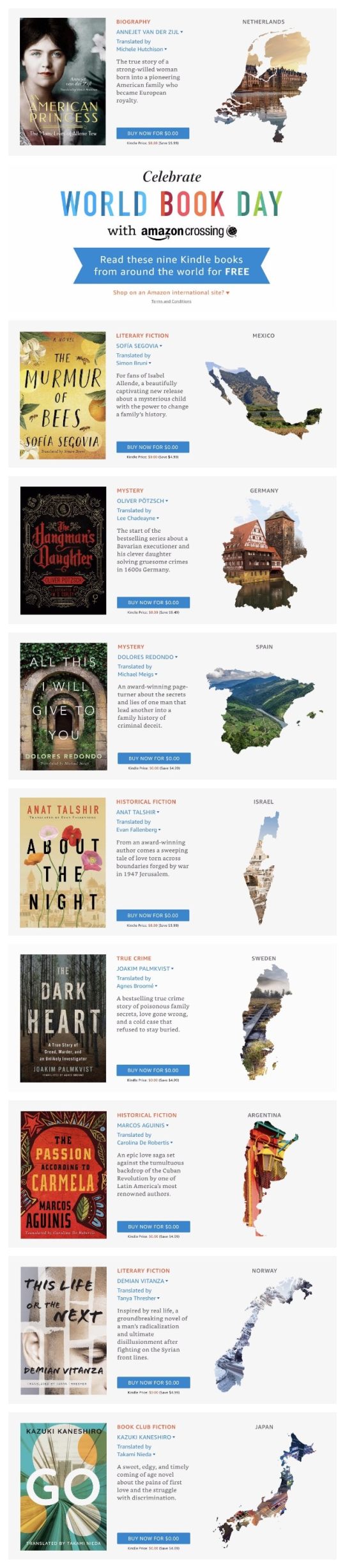 Read the World - celebrate World Book Day 2019 with nine free Kindle books free to download through April 24, 2019